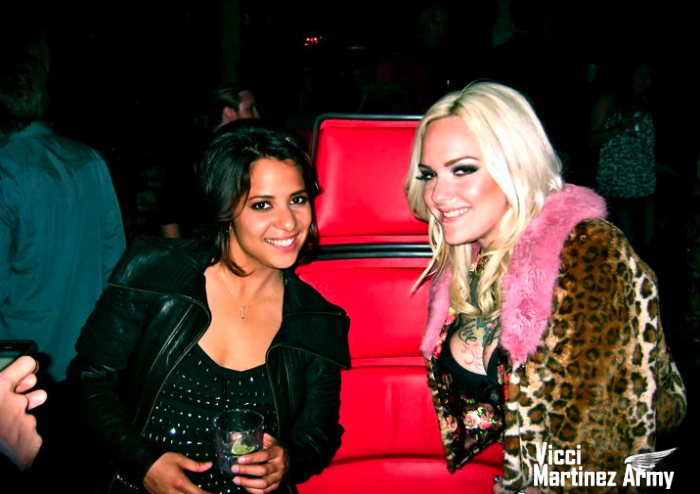 Vicci Martinez and Emily Valentine Sharing a Chair at The Voice